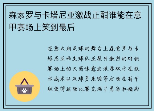 森索罗与卡塔尼亚激战正酣谁能在意甲赛场上笑到最后