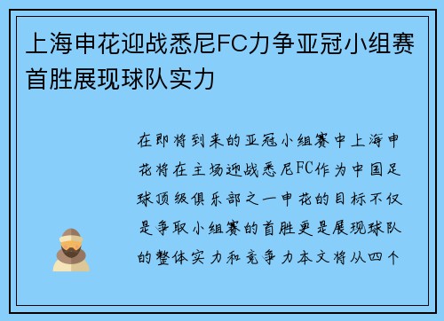 上海申花迎战悉尼FC力争亚冠小组赛首胜展现球队实力