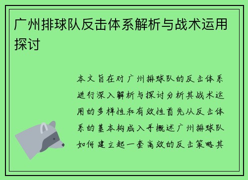 广州排球队反击体系解析与战术运用探讨